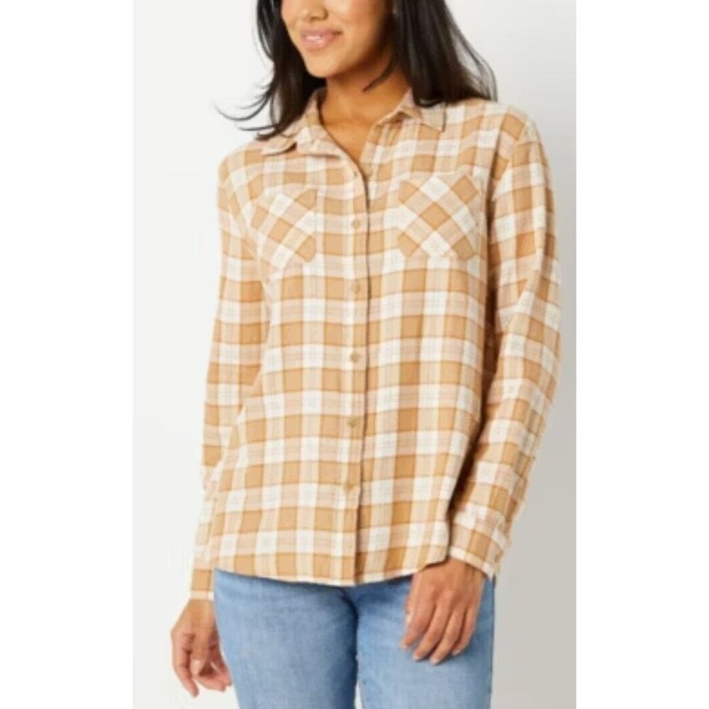 ANA Brown White Plaid Relaxed Fit Cotton Button-Down Flannel Women's Top XL NWT‎